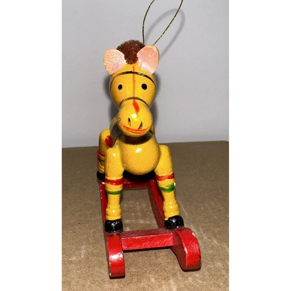 Set of 2 - Vintage 1980's Hand‎ Painted Yellow & Green Rocking Horse Ornaments
